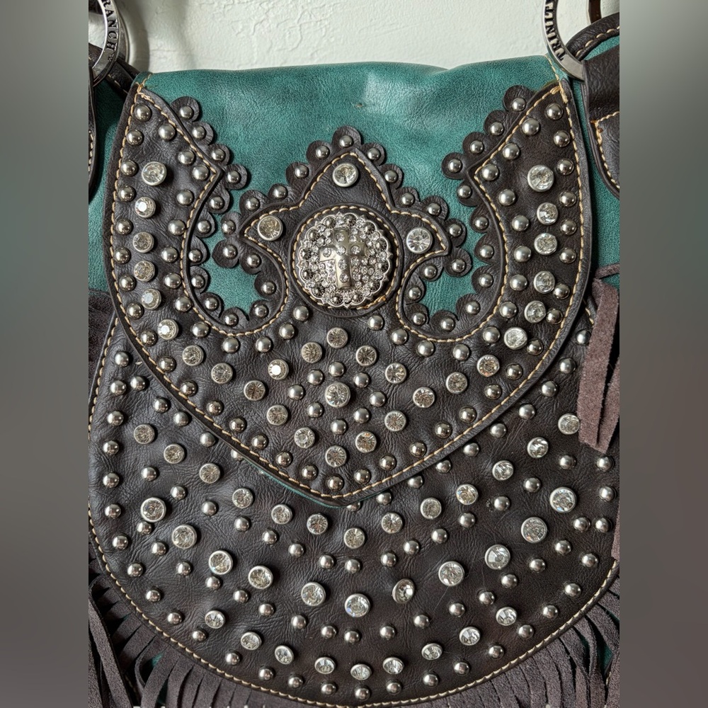 Trinity Ranch Western Studded Fringe Tote Teal Brown Leather NWT - Picture 5 of 16